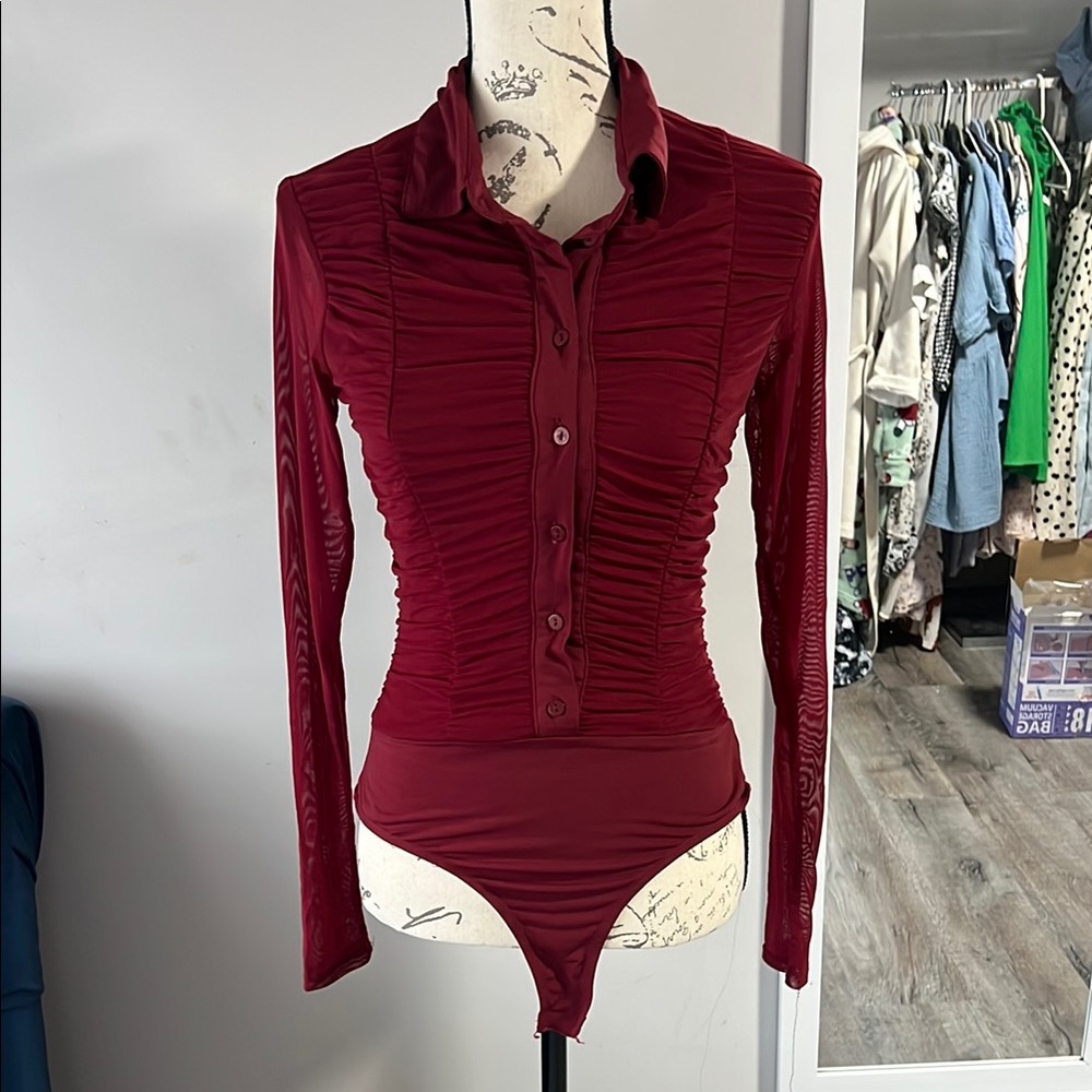 Burgundy Ruched Bodysuit Top